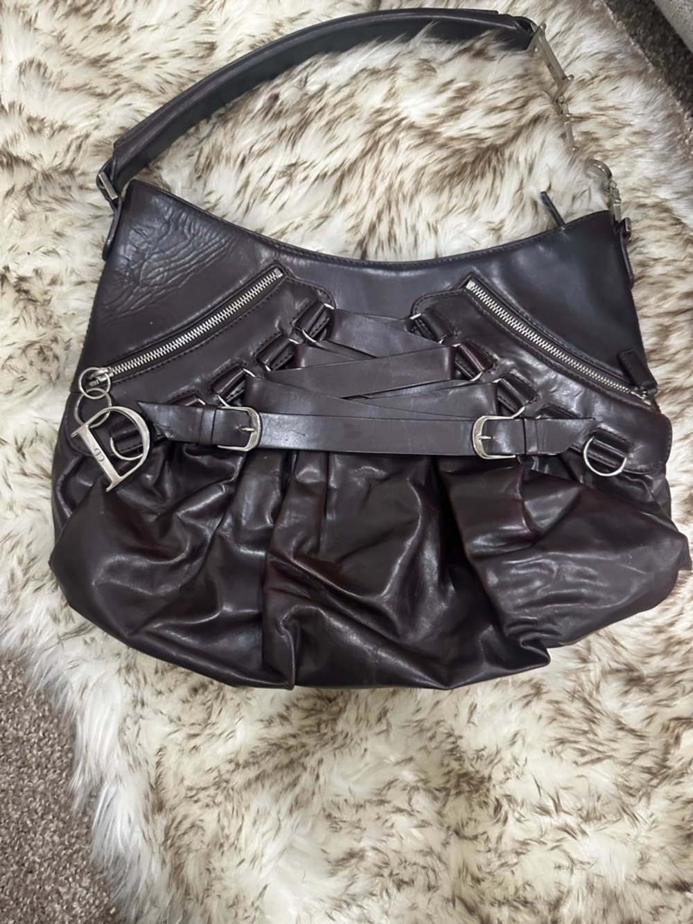 DIOR Dark Brown Leather Shoulder Bag with Buckle Dior Detail